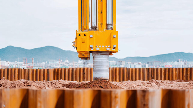 Deep drilling with a pile driver installing sheet piles using a rotary drill on a construction site.