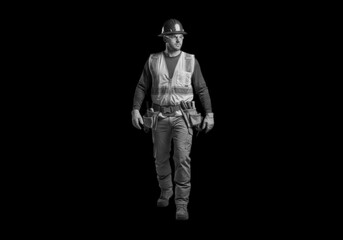Fototapeta premium Construction worker in reflective vest walking with tools and hard hat transparent background