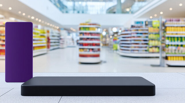Retail podium in a supermarket for product presentation or packaging mockup.