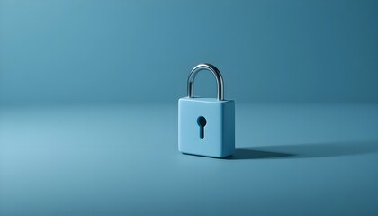 Fototapeta premium Blue padlock on blue background with keyhole and metal shackle