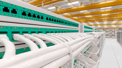 Patch panel with labeled ports and white cables in a data center close up of network distribution