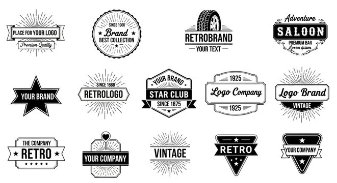 Collection of vintage and retro style emblems and labels featuring typography and badge designs for branding and identity