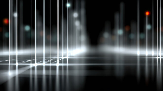 Futuristischer, leerer Korridor mit geometrischen W&auml;nden, Lichtlinien und Tiefenperspektive. Abstrakte Architektur f&uuml;r Technologie, Innovation, Infrastruktur und moderne Innenr&auml;ume.