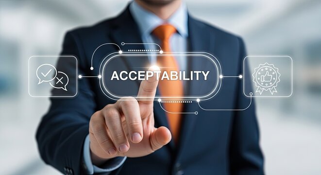 A businessman in a suit and tie taps a virtual display showing ACCEPTABILITY framed by checkmark and quality assurance icons.