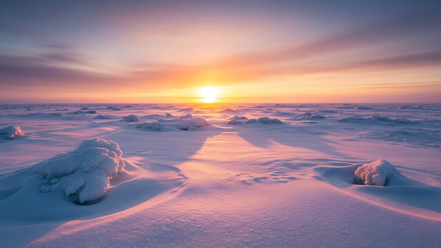 Serene snowy landscape at sunset with vibrant orange sky