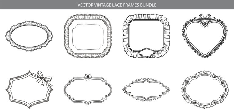 Coquette frames with cloth ruffles set. Whimsical wedding decor lace borders heart, oval, diamond shapes. Hand drawn romantic victorian vector decorative elements 
