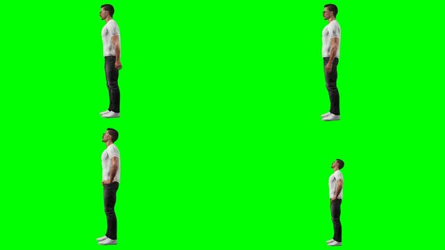 young casual man guy is kicking punching striking and hitting on green screen chromakey background for 3D animated cartoonnimation. Superb for neat video projects and multimedia clips.