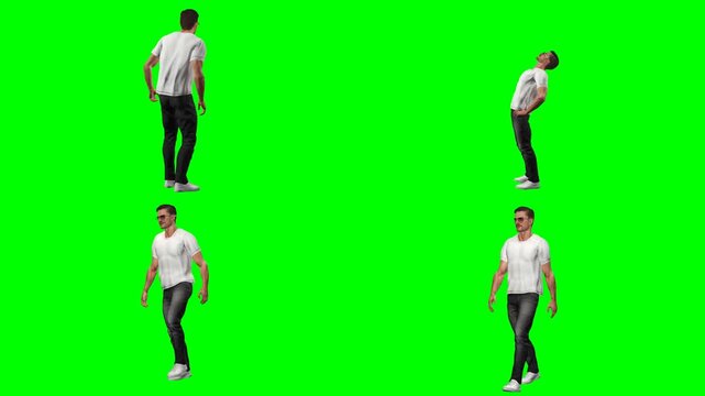 young casual man guy is falling stumbling dropping and crying on green screen chromakey background for 3D animated cartoonnimation. Perfect for your video creators and multimedia arts.