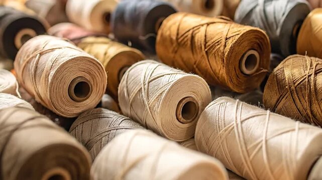 Close-up shot of various colorful spools of thread, perfect for sewing and crafting projects.