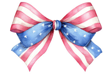 Watercolor illustration of a patriotic bow, showcasing red, white, and blue colors