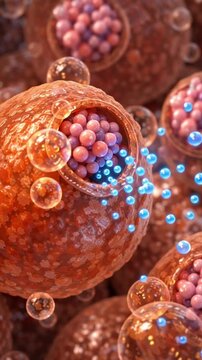 Insulin hormone regulating glucose balance blood sugar level concept with cell biology science research molecule particle energy abstract metabolism medicine microscopic DNA nucleus membrane