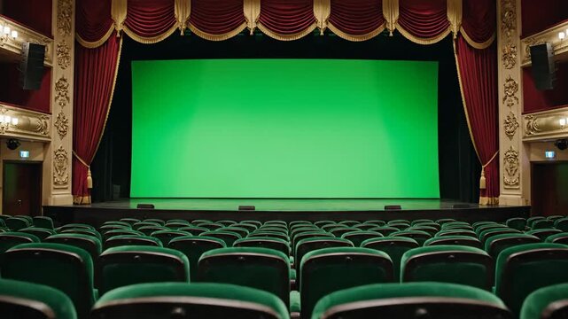 Empty theater stage with red curtains and green screen ready for performance