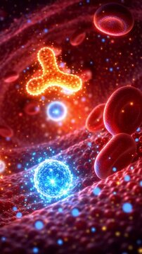 Insulin glucose blood sugar hormone cell particle glowing energy flow control concept art with colorful antibody immune cell blood plasma biology health healthy cell structure protein molecule