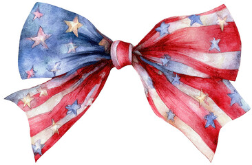 Watercolor illustration of a patriotic bow, featuring stripes, stars, and shades of red, white, and blue
