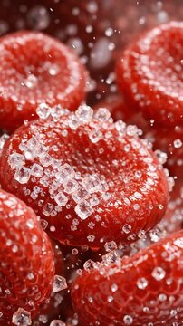 Macro strawberry fruit sugar crystal splash closeup fresh red berry fruit macro sugary crystal splash closeup of fresh red berry fruit macro sugar crystal splash closeup fresh red fruit berry macro