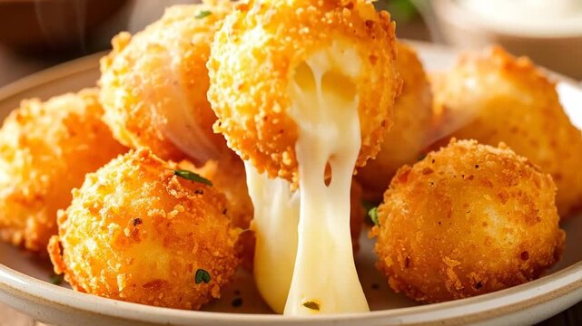 Delicious golden fried cheese balls with melted cheese, a perfect appetizer or snack.
