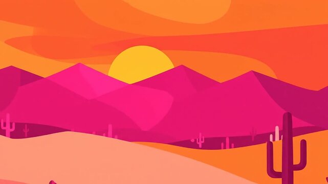 Vibrant illustration of a desert landscape with cacti, mountains, and a setting sun in the background.