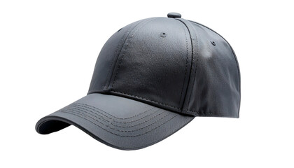 Fototapeta premium Grey, leather-like baseball cap with a curved brim, set against a dark, contrasting background
