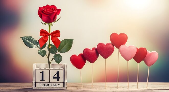 Valentine's day still life with red rose and heart balloons on wooden table with calendar