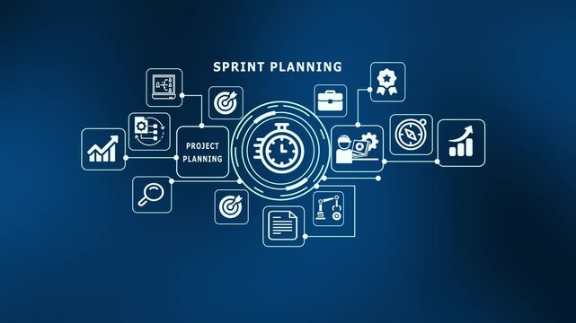 Sprint planning in agile project management with workflow dashboard, task tracking and performance icons.