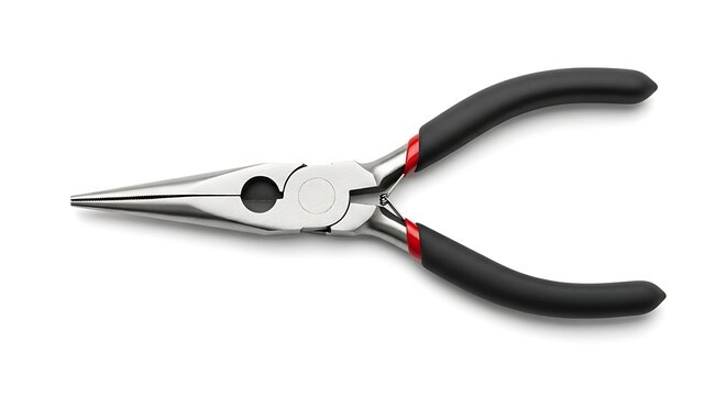 A pair of black-handled needle-nose pliers lies straight on a pristine white surface, ready for work.