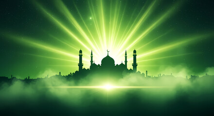 Fototapeta premium Ramadan Mosque Silhouette with Radiant Green Light