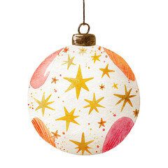 A watercolor Christmas ornament, speckled white with gold stars and red/orange swashes
