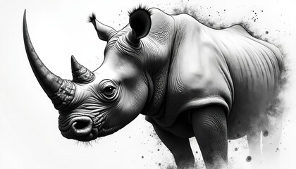 Obraz premium Powerful rhino close up portrait. Thick skinned wild mammal with large horn stands strong on white background. Creature embodies resilience and survival in nature.
