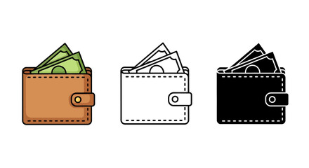 Vector illustrations of three wallets containing money and documents, displayed in different colors and styles.