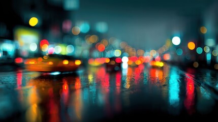 Rainy City Street at Night with Blurred Lights on Wet Pavement, Urban Scene, City Bokeh, Night Photography, Reflections, Street Lights, Traffic Bokeh