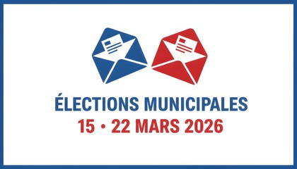 Naklejka premium Municipal elections 2026 with two envelopes blue and red mail icon concept of voting by mail dates 15 22 mars