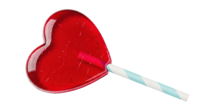 Red heart-shaped lollipop isolated PNG, sweet candy on transparent background for Valentine s Day and love concepts