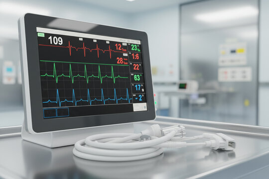 Medical equipment close-up, monitor and cables, clean technical style