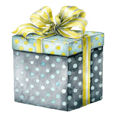 Watercolor illustration of a gift box with a patterned design, tied with a bow