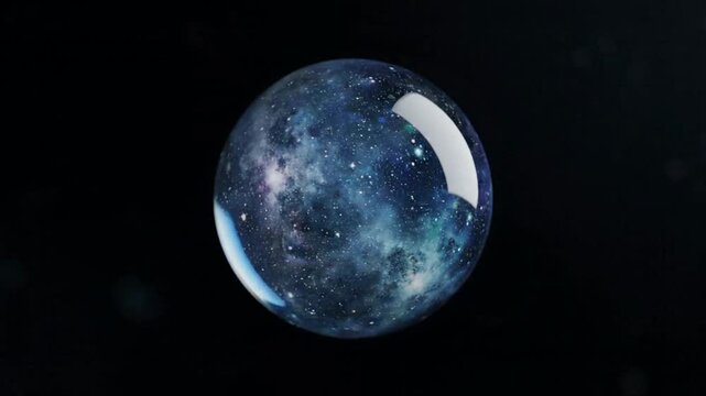 A glass marble reflecting a galaxy with stars and cosmic dust.