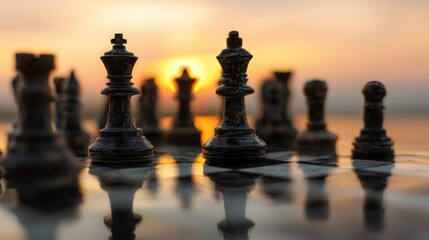 Strategic Chess Game at Sunset, Black Chess Pieces on Board, Competitive Match, Sunset Glow, Chess Strategy, Thinking Ahead, Sunset Reflection