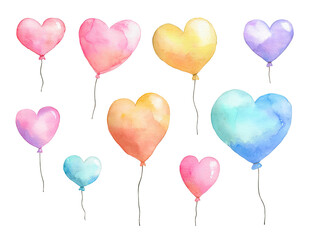 Watercolor heart-shaped balloons in various pastel hues on a transparent backdrop