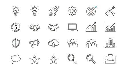 Fototapeta premium Collection of business and technology icons in a grid layout on a clean white background, showcasing various concepts like innovation and strategy
