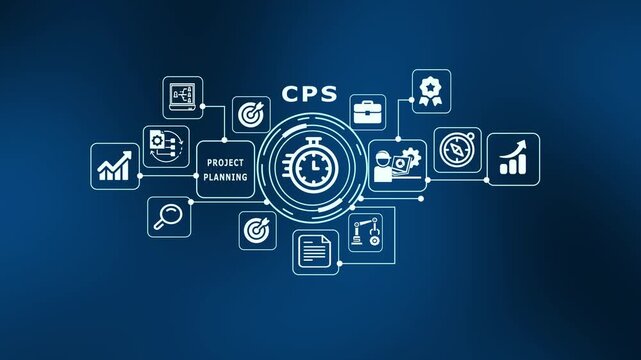 Cyber Physical Systems CPS technology with smart monitoring interface, automation network icons and industrial process control integration.