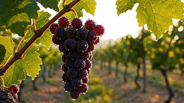Vibrant ripe red grapes with glistening dewdrops hanging from vine in sunny morning vineyard landscape
