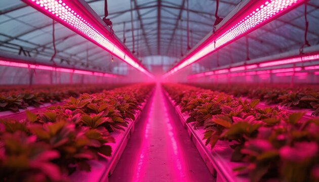 Rows of young strawberry plants grow in a modern greenhouse under bright pink LED lights. This advanced indoor farm uses technology for optimal crop production and sustainable food growth.