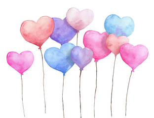 Watercolor heart-shaped balloons floating in the air. Various colors. Transparent background