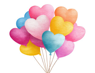 A cluster of watercolor heart-shaped balloons in vibrant pastel colors tied together with string