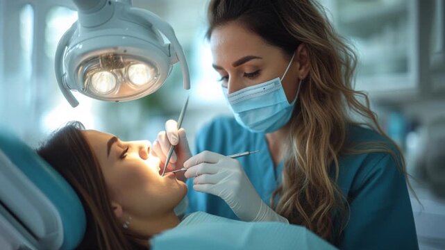 Woman's face with her mouth open, sitting in a dental chair while having his teeth examined and treated by a qualified dentist with instruments. Dentist day
