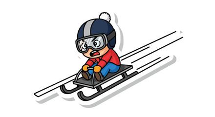 Excited cartoon child in winter gear sledding downhill fast with motion blur effect