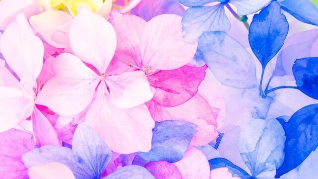Close-up of vibrant, colorful hydrangea flowers in shades of pink, purple, and blue, creating a beautiful floral background.