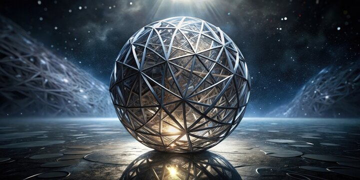 A luminous geodesic sphere rests on a dark, reflective surface, under a starlit expanse.
