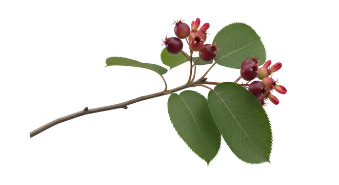 Serviceberry branch with ripe berries isolated PNG, Amelanchier fruits on transparent background, summer harvest for design use