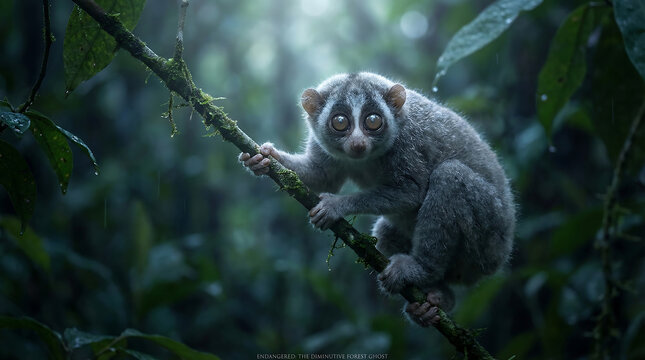Slender loris clinging to branch at night, large eyes nocturnal primate