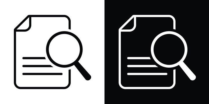 Document with magnifying glass icon. Represents file search, data analysis, and information review. Linear vector design for business auditing, research, and document management.